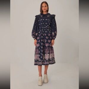 Farm Rio Dark Blue Anika Long Sleeve Dress